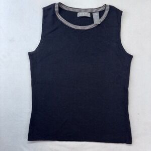 Kate Hill Italian Merino Wool Black Houndstooth Trim Sleeveless Top Medium